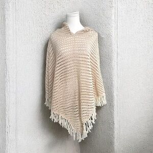 Aerie Cream Knit Poncho Sweater with Fringe oversized shimmer XS boho Beachy